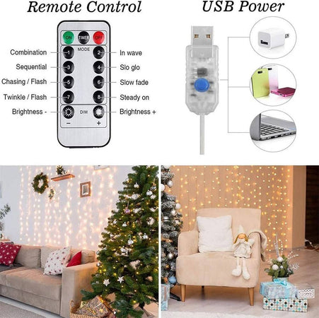 Tenda Luminosa Led Catena Luci Usb 8 Modalità Luce Telecomando Bianco Caldo 3x3mt