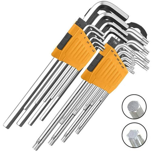 Set Kit Combo 18 Chiavini 9 Torx Forati T10-t50 Brugola + 9 Esagonali 1,5 A 10mm