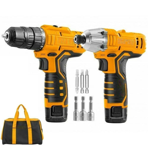 Set Trapano Avvitatore + Avvitatore Ad Impulsi 2 Batterie 12v Borsa E Accessori