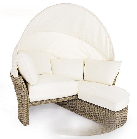 Daybed "Lesly" con cuscino e cappottina, struttura in alluminio e intreccio in fibra sintetica