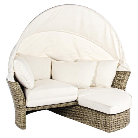 Daybed "Lesly" con cuscino e cappottina, struttura in alluminio e intreccio in fibra sintetica