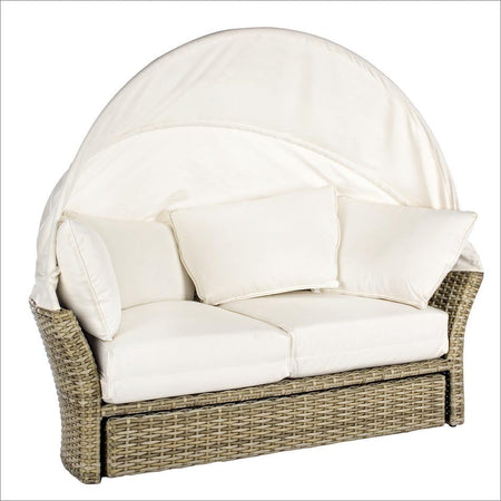 Daybed "Lesly" con cuscino e cappottina, struttura in alluminio e intreccio in fibra sintetica