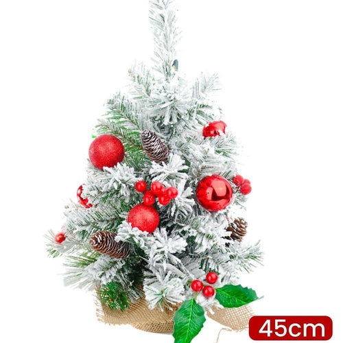 Albero Di Natale Effetto Innevato Dim. 45 Cm Con Decori Rossi Pigne Neve