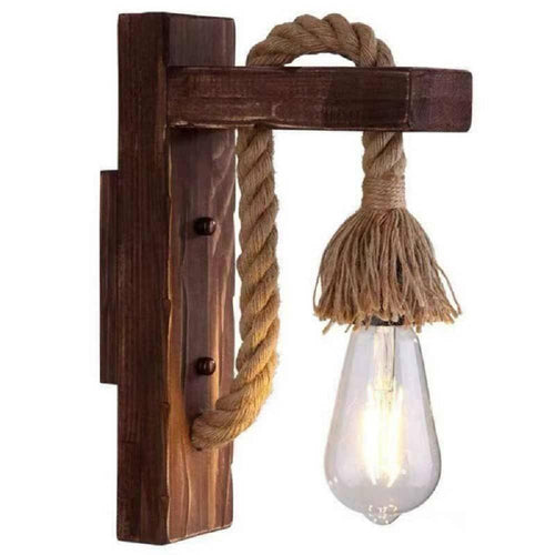 Applique Parete E70 Vintage In Legno Corda Canapa Muro Country Portalampada E27