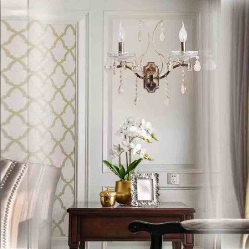Applique Candelabro 2 Bracci Con Pendenti Gocce Cristallo Retrò Attacco E14 E68-2