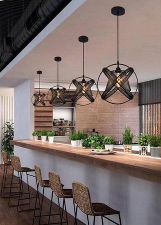 Lampadario Soffitto Con Paralume 3 Anelli Metallo Traforato Nero Attacco E27 A62