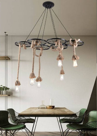 Lampadario A Sospensione Con Corde Canapa 6 Portalampada E27 Retrò Country A89-6
