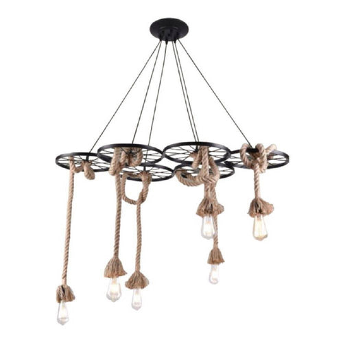 Lampadario A Sospensione Con Corde Canapa 6 Portalampada E27 Retrò Country A89-6