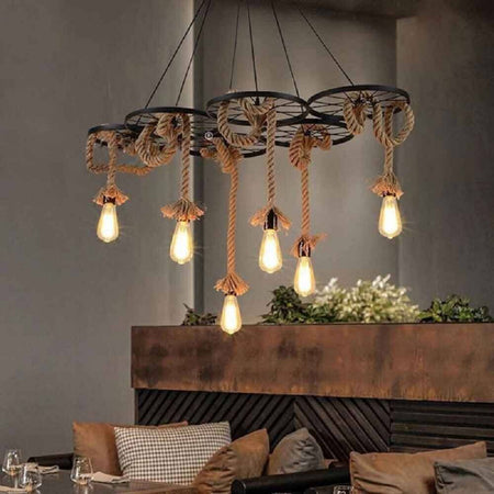 Lampadario A Sospensione Con Corde Canapa 6 Portalampada E27 Retrò Country A89-6