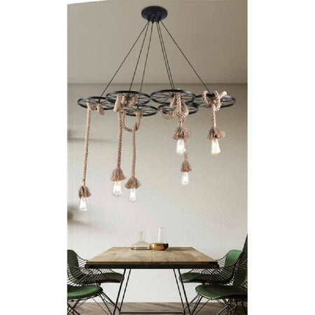 Lampadario A Sospensione Con Corde Canapa 6 Portalampada E27 Retrò Country A89-6
