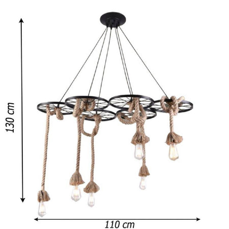 Lampadario A Sospensione Con Corde Canapa 6 Portalampada E27 Retrò Country A89-6