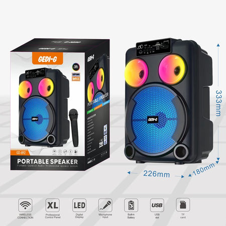karaoke GD-892 Woofer 8'' tweeter 3'' Bluetooth AUX USB TF FM TWS RGB MICROFONO