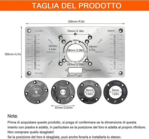 Piano Di Fresatura Router Piastra Per Fresatrice Verticale Con 4 Anelli Viti
