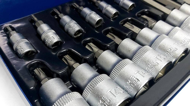 Kit Set Inserti Chiavi 19 Pezzi Bussole Chiavi Torx Maschi 1/4" 1/2" In Valigia