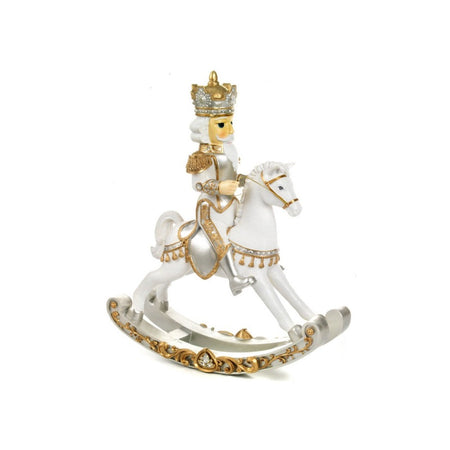 Statuetta Soldatino con cavallo a dondolo, in poliresina bianco e oro h 42 cm