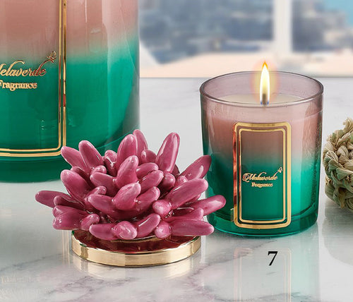 Candela media in ceramica bicolore fucsia anemone Melaverde Linea Tropicana da 200gr, fatta a mano, con scatola regalo elegante inclusa.