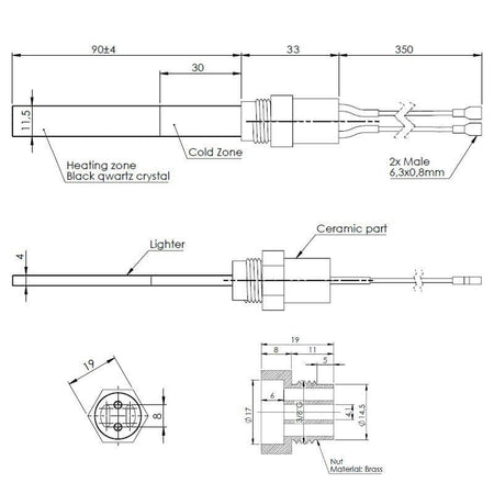 Resistenza accensione per stufe a pellet in cristalli di quarzo nero con raccordo filettato 3/8" GAS 14701063