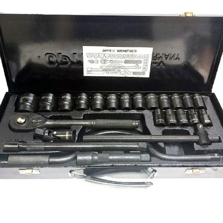 Set Chiavi A Bussola 24 Pezzi Con Cricchetto Reversibile 1/2'' Prolunghe Valigia