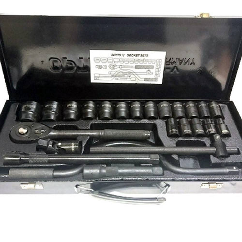 Set Chiavi A Bussola 24 Pezzi Con Cricchetto Reversibile 1/2'' Prolunghe Valigia