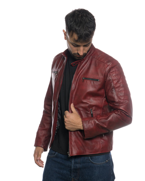 U05 - Biker Uomo Bordeaux in vera pelle