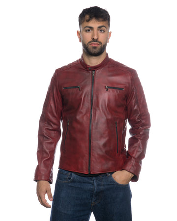 U05 - Biker Uomo Bordeaux in vera pelle