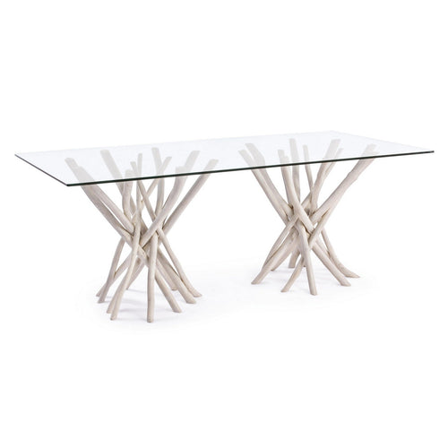 Tavolo C-V Sahel, con gambe in rami di teak, piano in vetro temperato, stile moderno