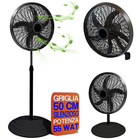 Ventilatore 55W 3in1 Piantana Muro Tavolo, Antiribaltamento 50cm H 130cm Nero