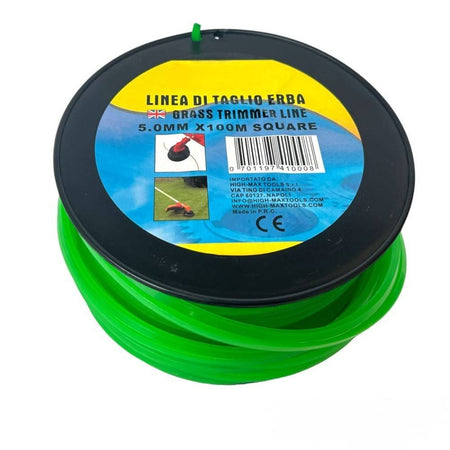 Filo Per Decespugliatore Quadrato 5 Mm Bobina 100mt Taglaerba Cavo Matassa Verde