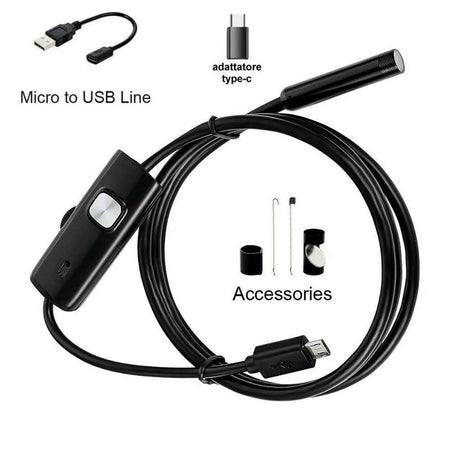Telecamera Endoscopica 5 Mt Type-c Usb Mini Usb F Flessibile Impermeabile 6 Led