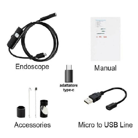 Telecamera Endoscopica 5 Mt Type-c Usb Mini Usb F Flessibile Impermeabile 6 Led