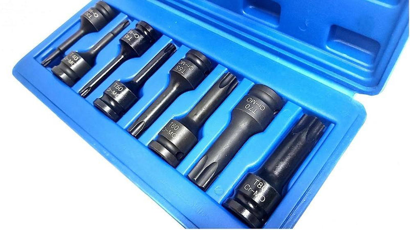 Set 8 Pezzi Chiavi Bussole Torx Attacco 1/2" T30 T80 A Impatto Lunghe 78 Mm