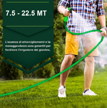 Tubo da Giardino Estensibile Salvaspazio 7.5 a 22.5 MT Flessibile con Pistola 7 Funzioni