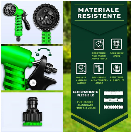Tubo da Giardino Estensibile Salvaspazio 7.5 a 22.5 MT Flessibile con Pistola 7 Funzioni