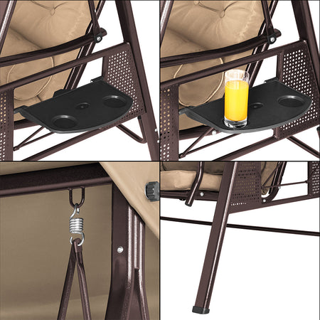 Dondolo Giardino 3Posti con Parasole Cuscini Vassoi Pieghevoli Struttura Robusta