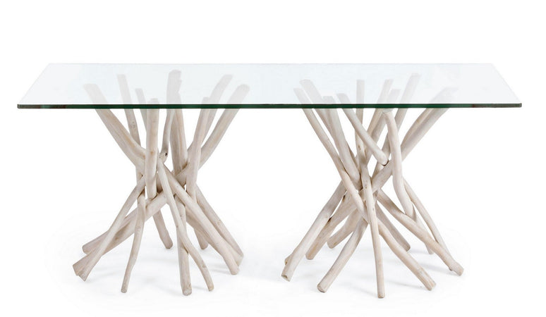 Tavolo "C-V Sahel", con gambe in rami di teak, piano in vetro temperato, stile moderno