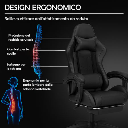 Sedia Gaming Ergonomica Reclinabile in Ecopelle con Poggiapiedi e Cuscini Lombari