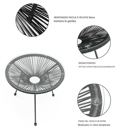 Set Patio in Polyrattan con 2Sedie Tavolino per Giardino Interno Esterno Moderno Nero
