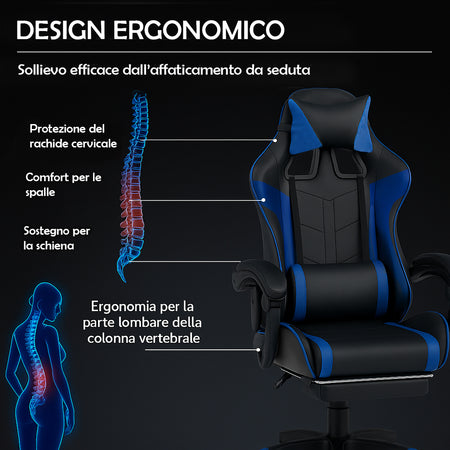 Sedia Gaming Ergonomica Reclinabile in Ecopelle con Poggiapiedi e Cuscini Lombari