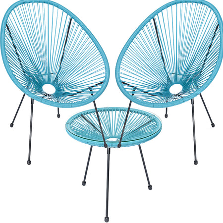 Set Patio in Polyrattan con 2Sedie Tavolino per Giardino Interno Esterno Moderno Azzurro