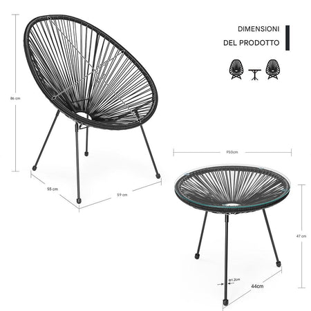 Set Patio in Polyrattan con 2Sedie Tavolino per Giardino Interno Esterno Moderno Nero