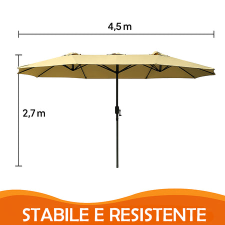 Ombrellone Doppio da Giardino 4.45x2.7m Manovella Copertura Beige UV Acciaio