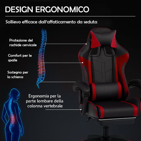 Sedia Gaming Ergonomica Reclinabile in Ecopelle con Poggiapiedi e Cuscini Lombari