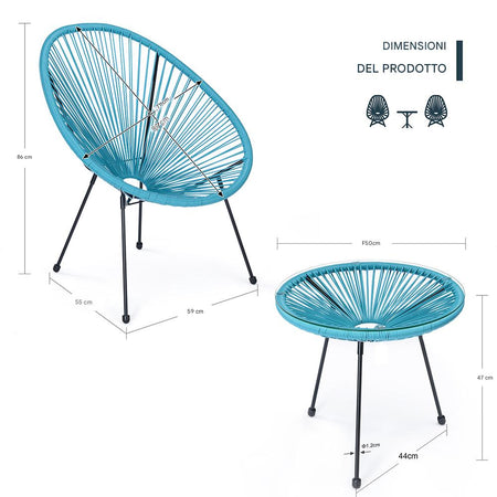 Set Patio in Polyrattan con 2Sedie Tavolino per Giardino Interno Esterno Moderno Azzurro