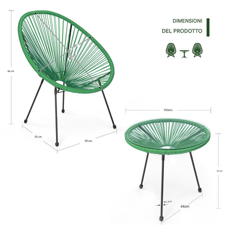Set Patio in Polyrattan con 2Sedie Tavolino per Giardino Interno Esterno Moderno Verde