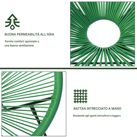 Set Patio in Polyrattan con 2Sedie Tavolino per Giardino Interno Esterno Moderno Verde