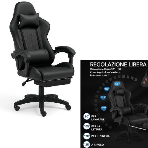 Sedia Gaming Ergonomica Reclinabile in Ecopelle con Poggiapiedi e Cuscini Lombari