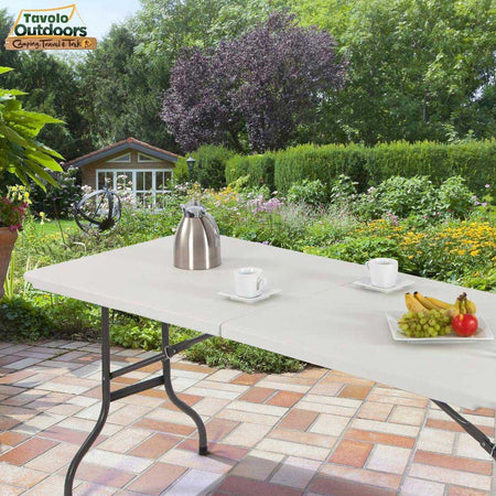 Tavolo Pieghevole in Resina HDPE 180x70 H74cm Richiudibile Salvaspazio Bianco