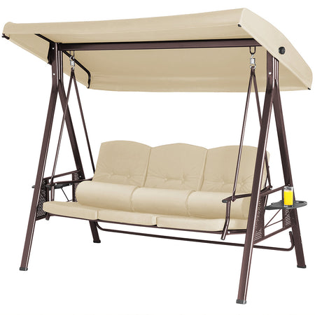 Dondolo Giardino 3Posti con Parasole Cuscini Vassoi Pieghevoli Struttura Robusta