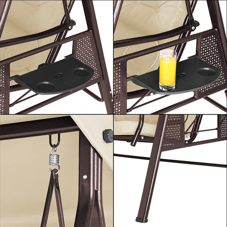 Dondolo Giardino 3Posti con Parasole Cuscini Vassoi Pieghevoli Struttura Robusta