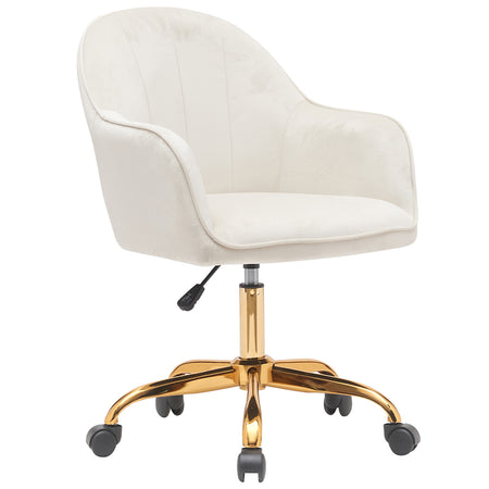 Sedia Poltrona Girevole Casa Ufficio in Velluto Crema e Metallo Oro 5 ruote Elegante